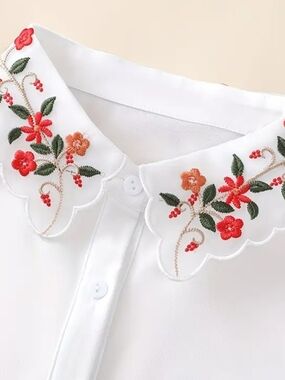 White with Red Floral Embroidered Scalloped Collar